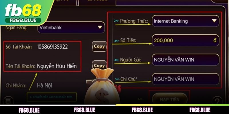 Thực hiện nộp tiền FB68 qua ngân hàng
